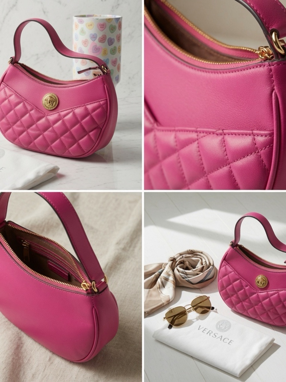 Versace La Medusa Pink Quilted Leather Crescent Shoulder Bag Auth NFC